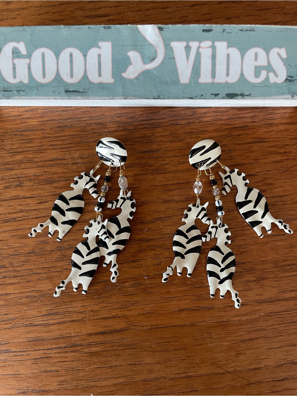 Lunch at the Ritz Zebra Chandelier Earrings  Enamel Paint Signed 1980s *RARE